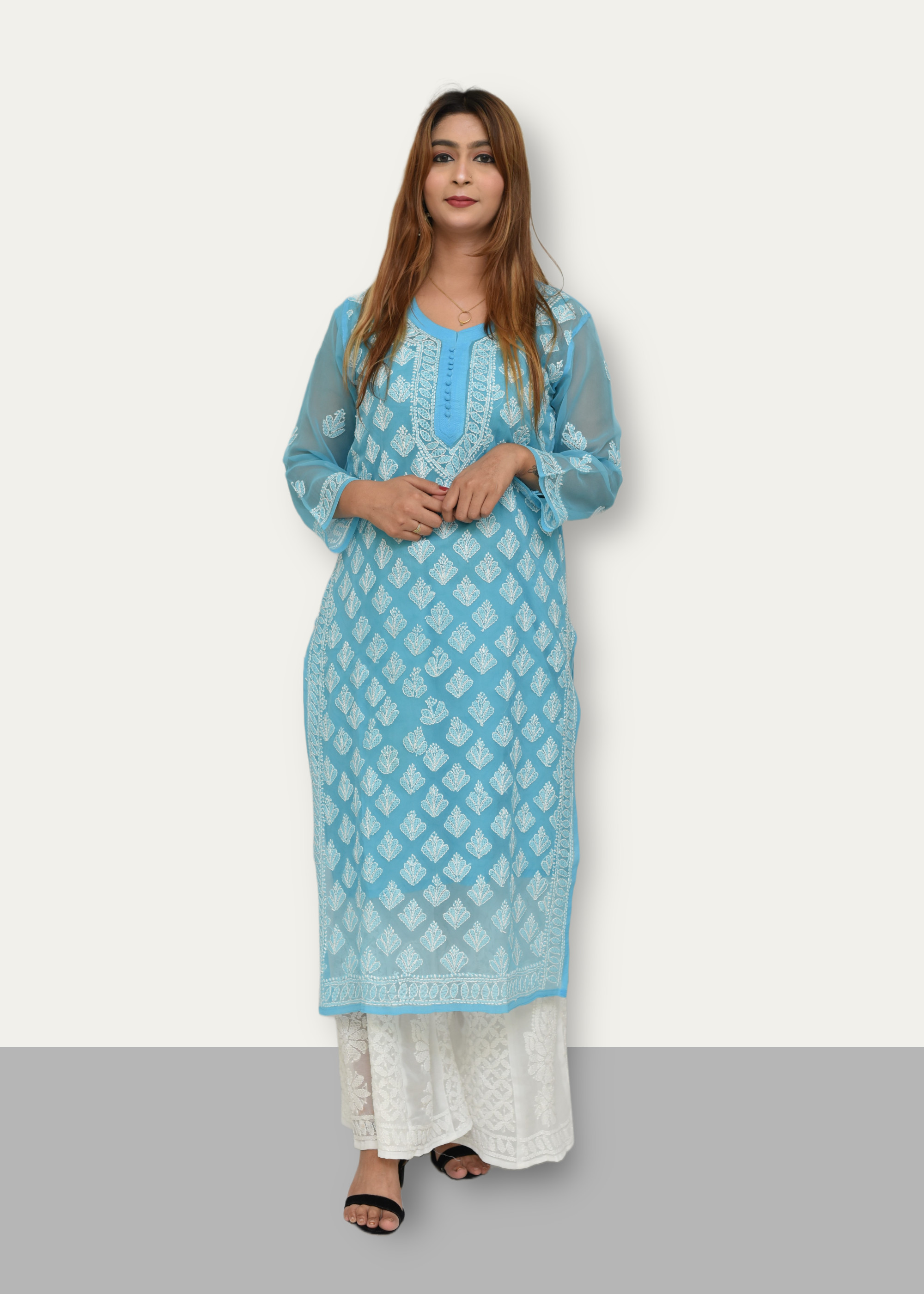 Georgette Chikankari  kurti- Sky Blue