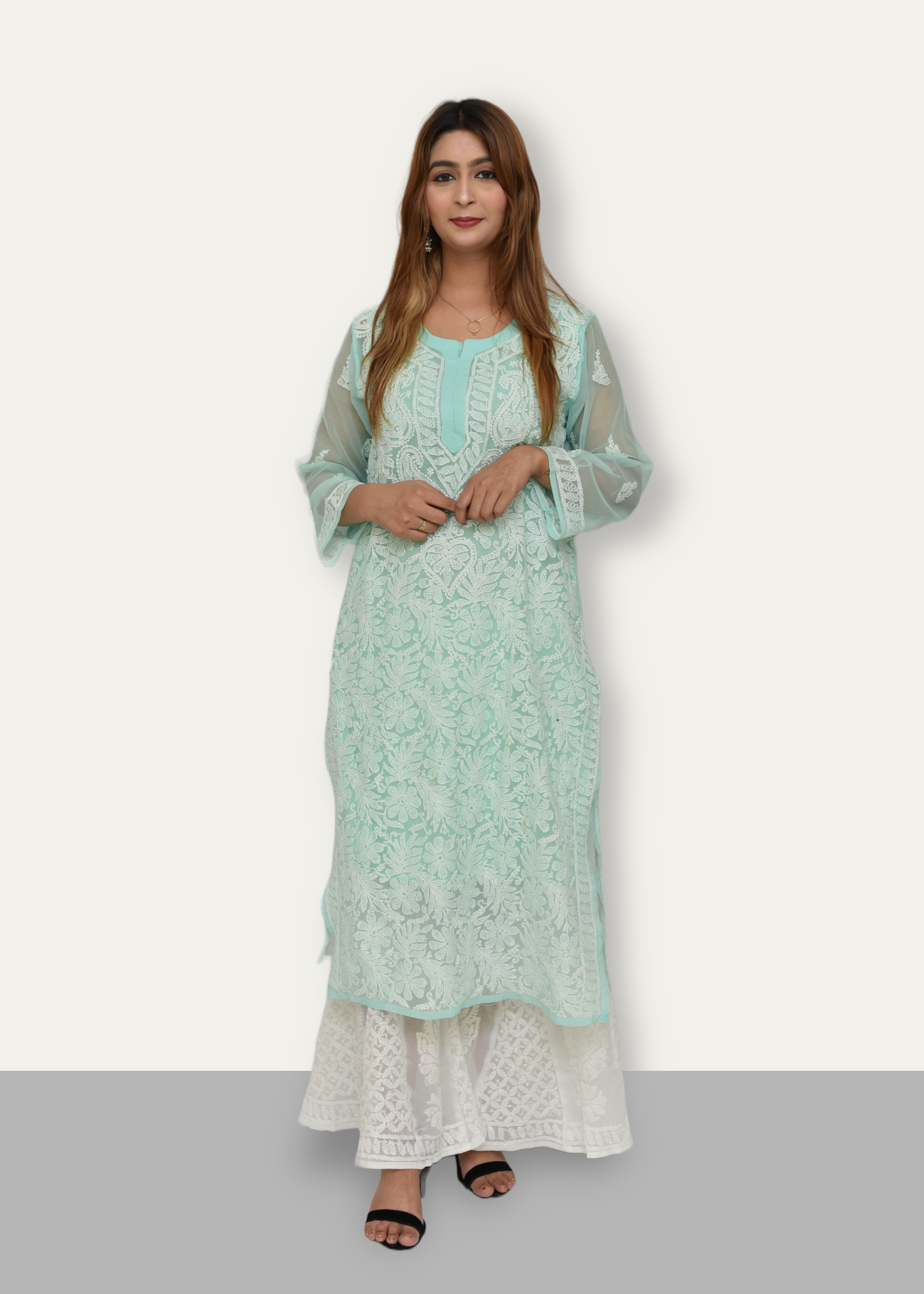 Georgette Chikankari Kurta with Heavy Flower and Leaf Embroidery - Soumiez